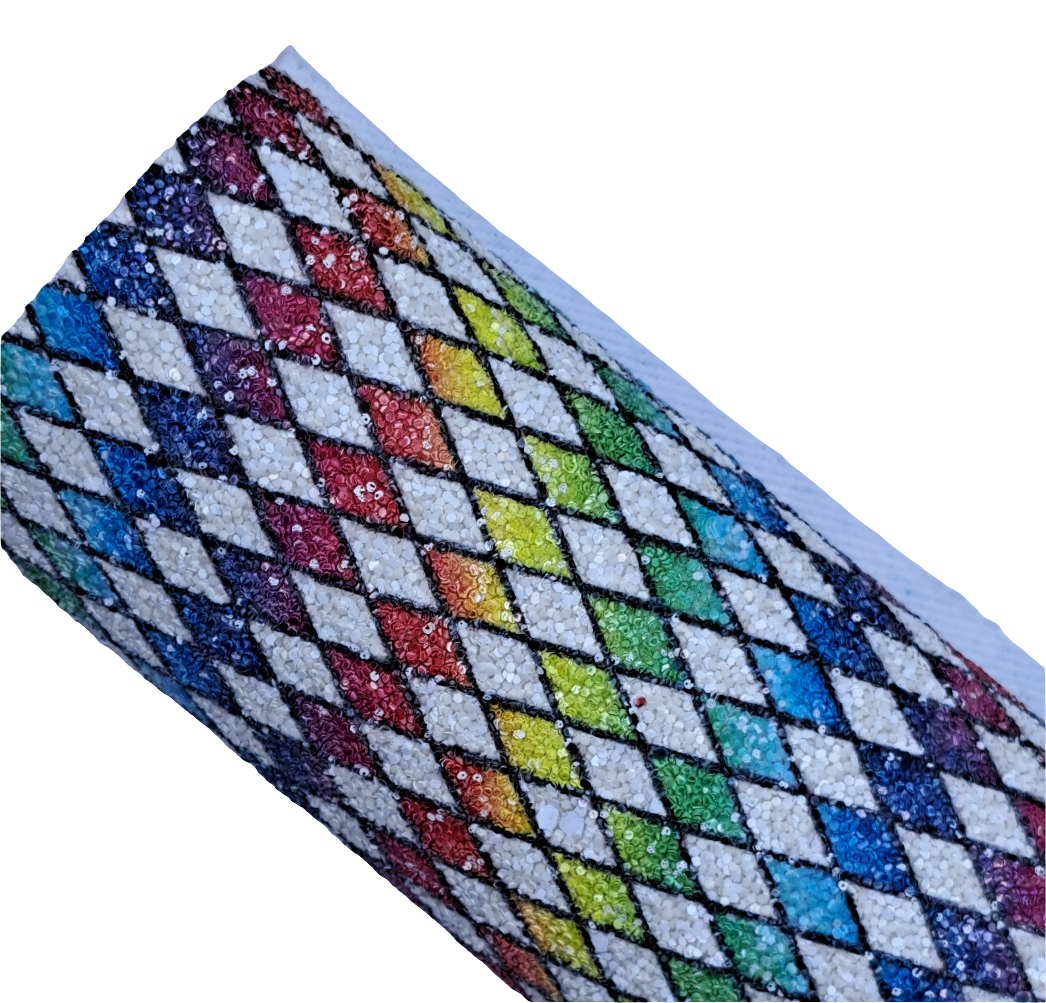 chunky glitter rainbow diamond coloured roll on a white background