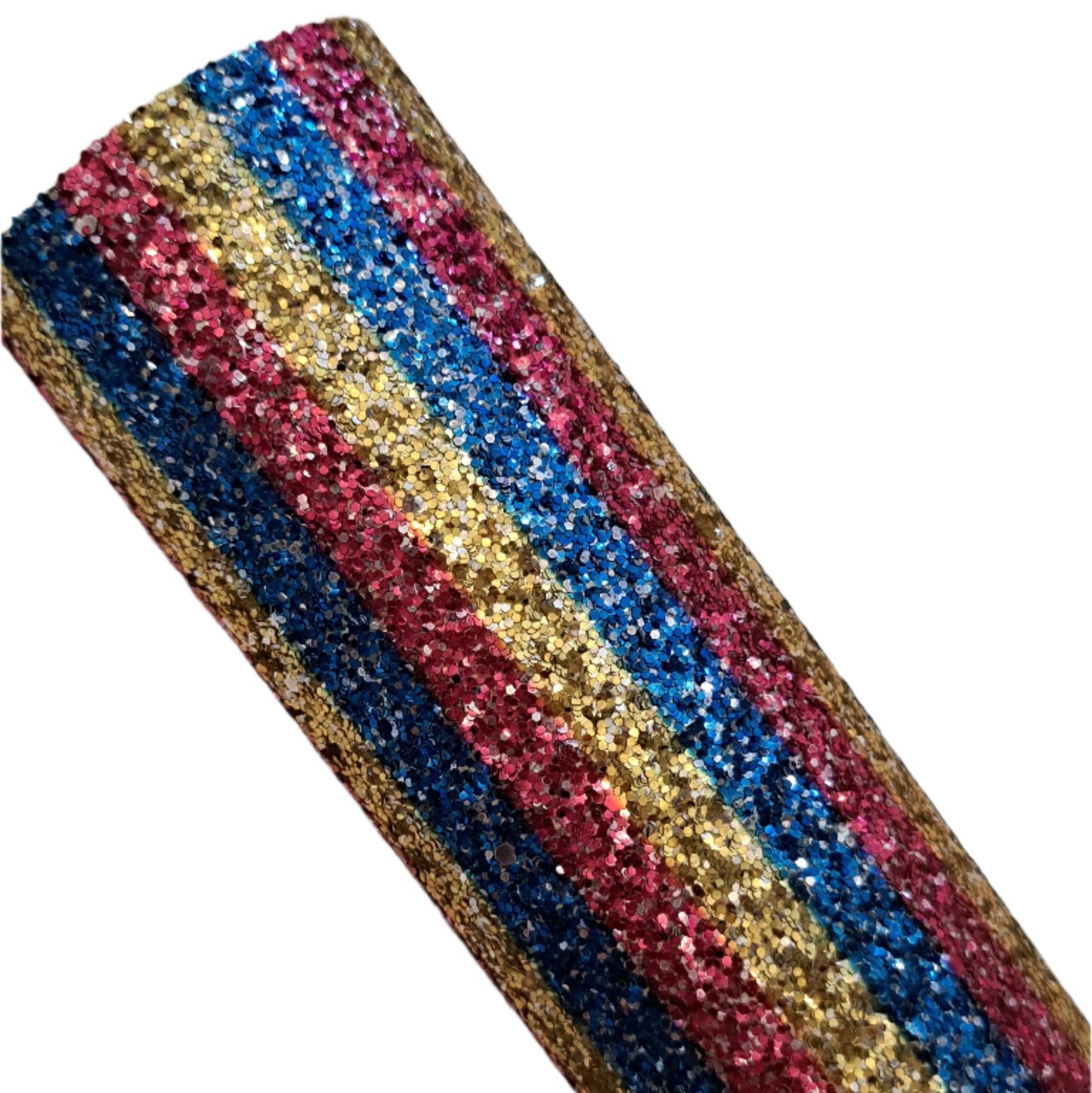 chunky glitter gold, blue and red coloured roll on a white background