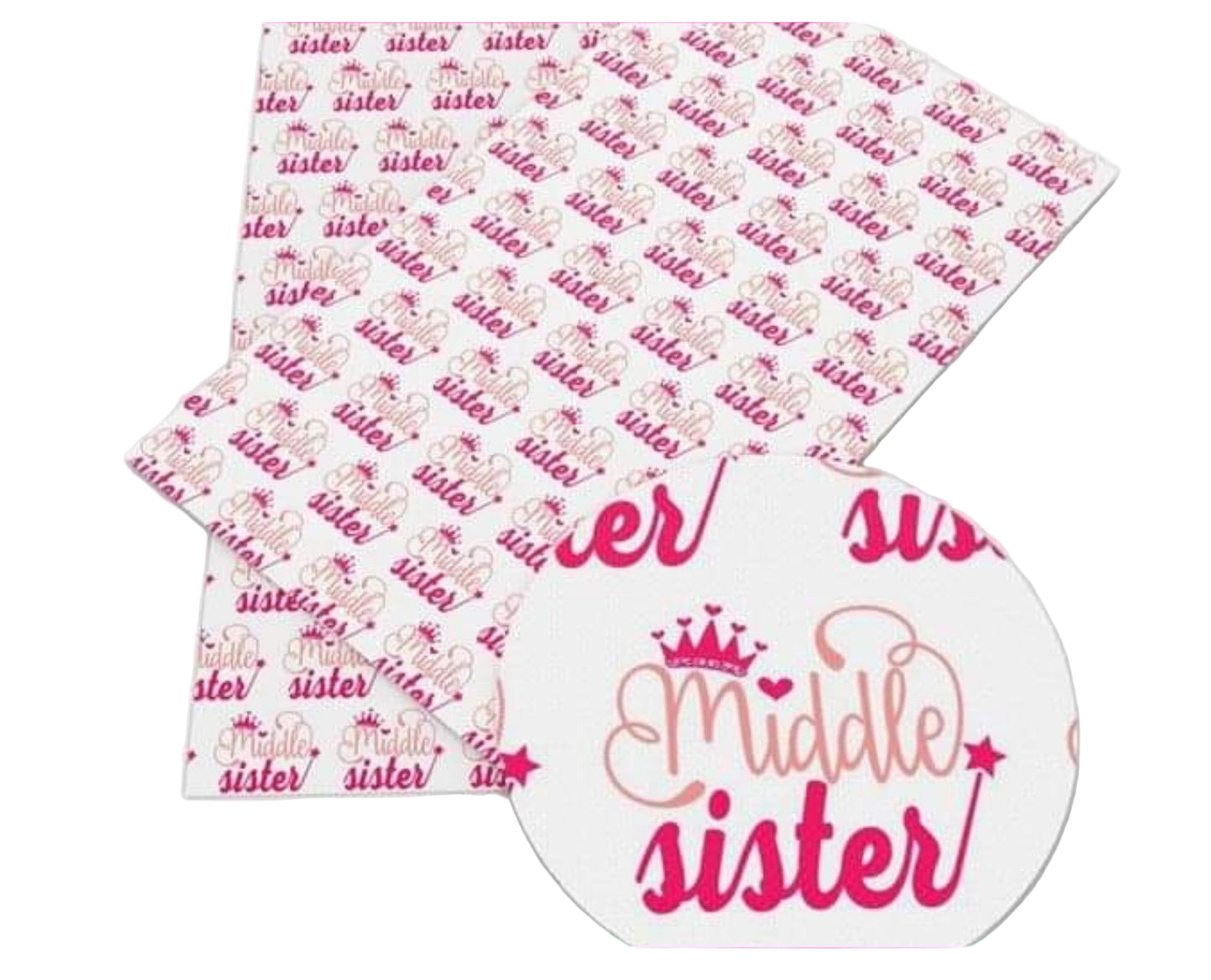Leatherette 'middle sister' text and crown design on a white background