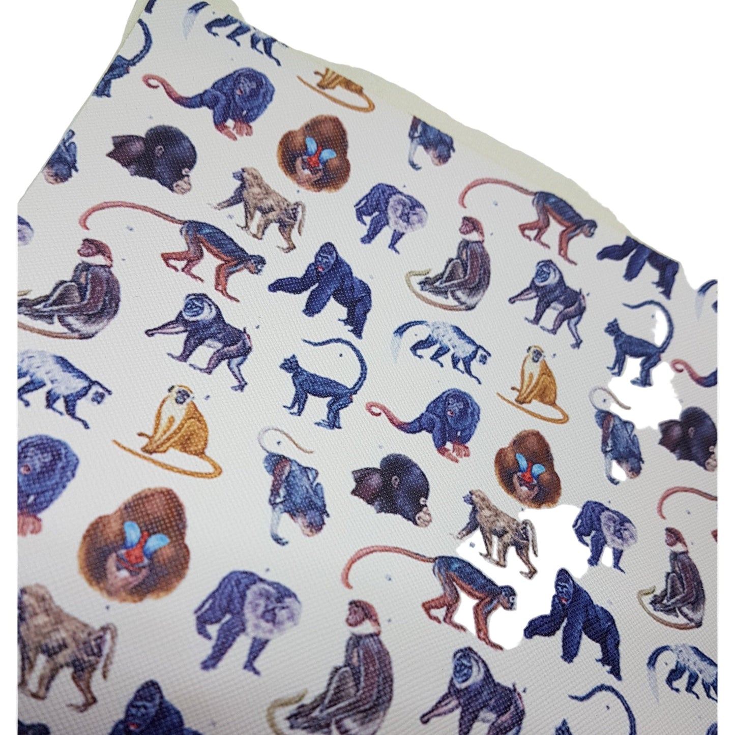 Patterned fabric with colorful monkey illustrations on a white background