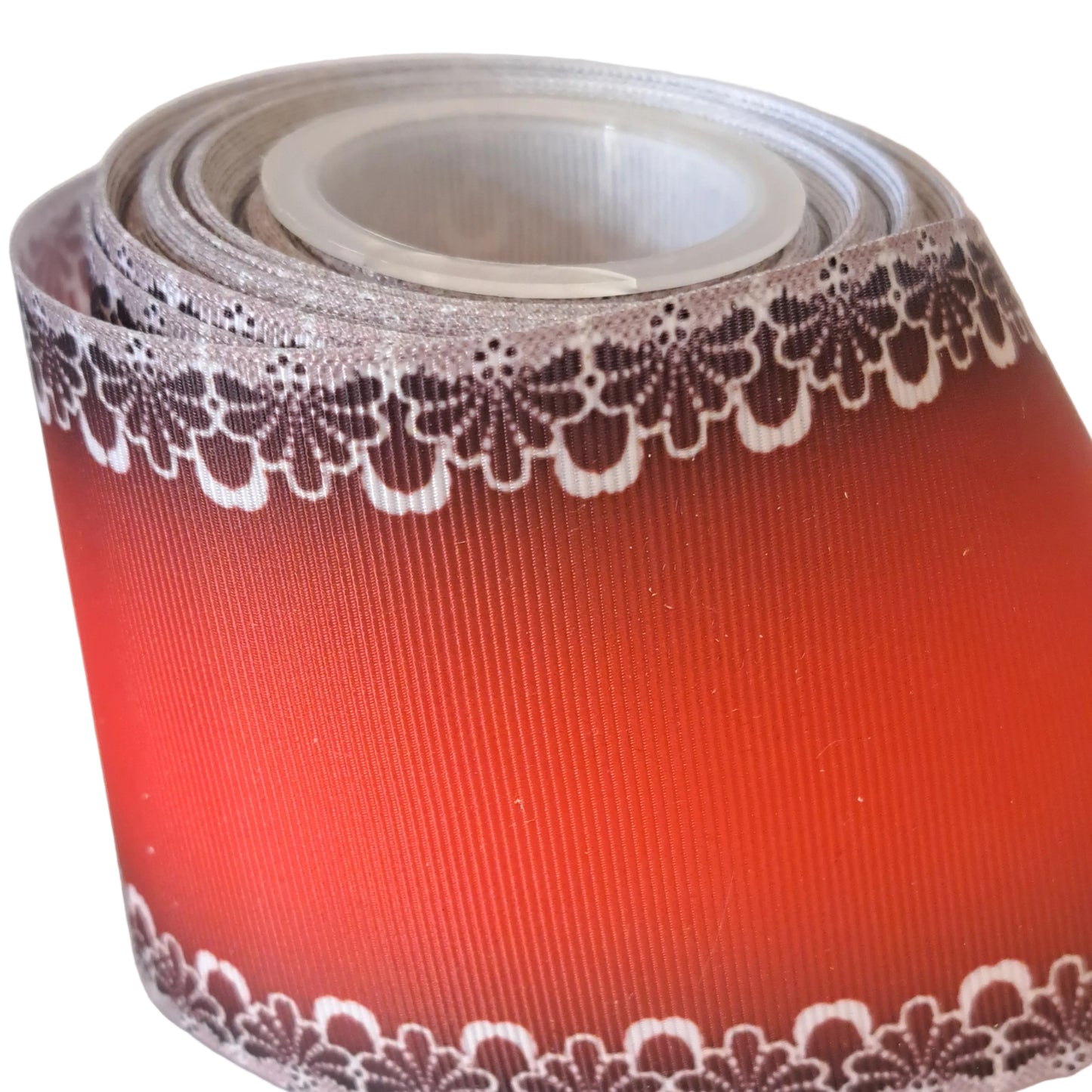 Red grosgrain ribbon with lace effect sides 3 inch 75mm
