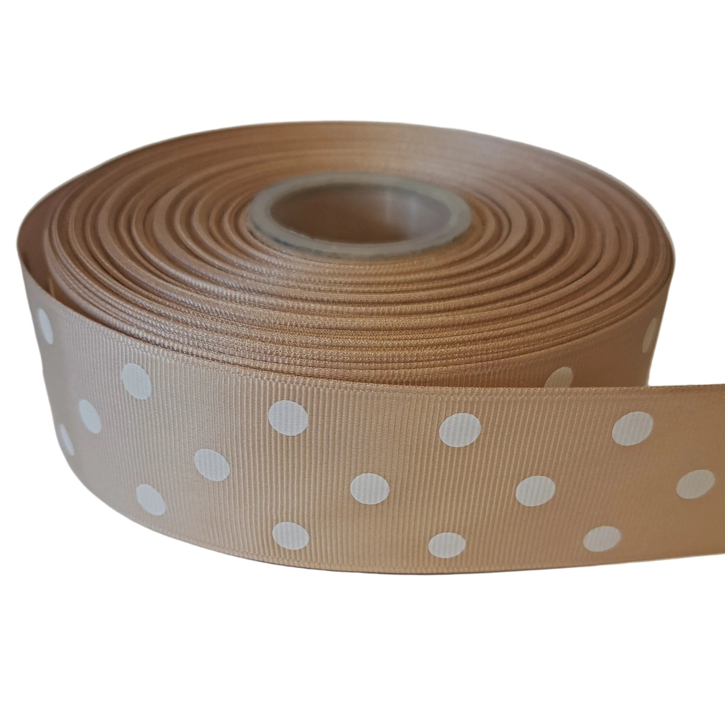 Tan grosgrain ribbon with white polka dots 38mm