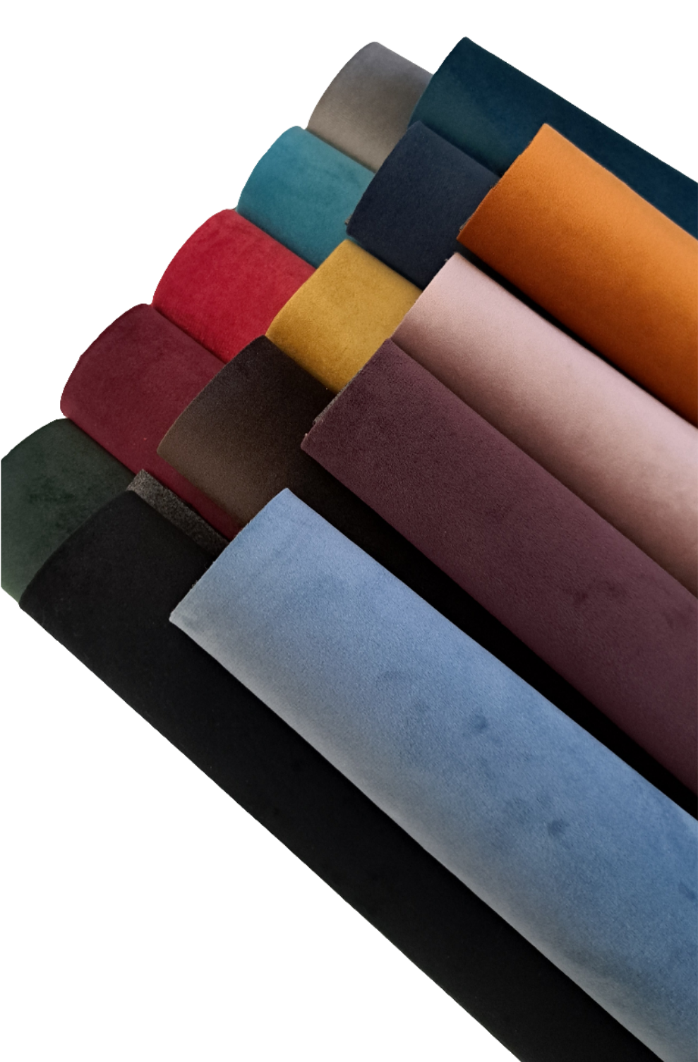 coloured velvet fabric rolls on a white background