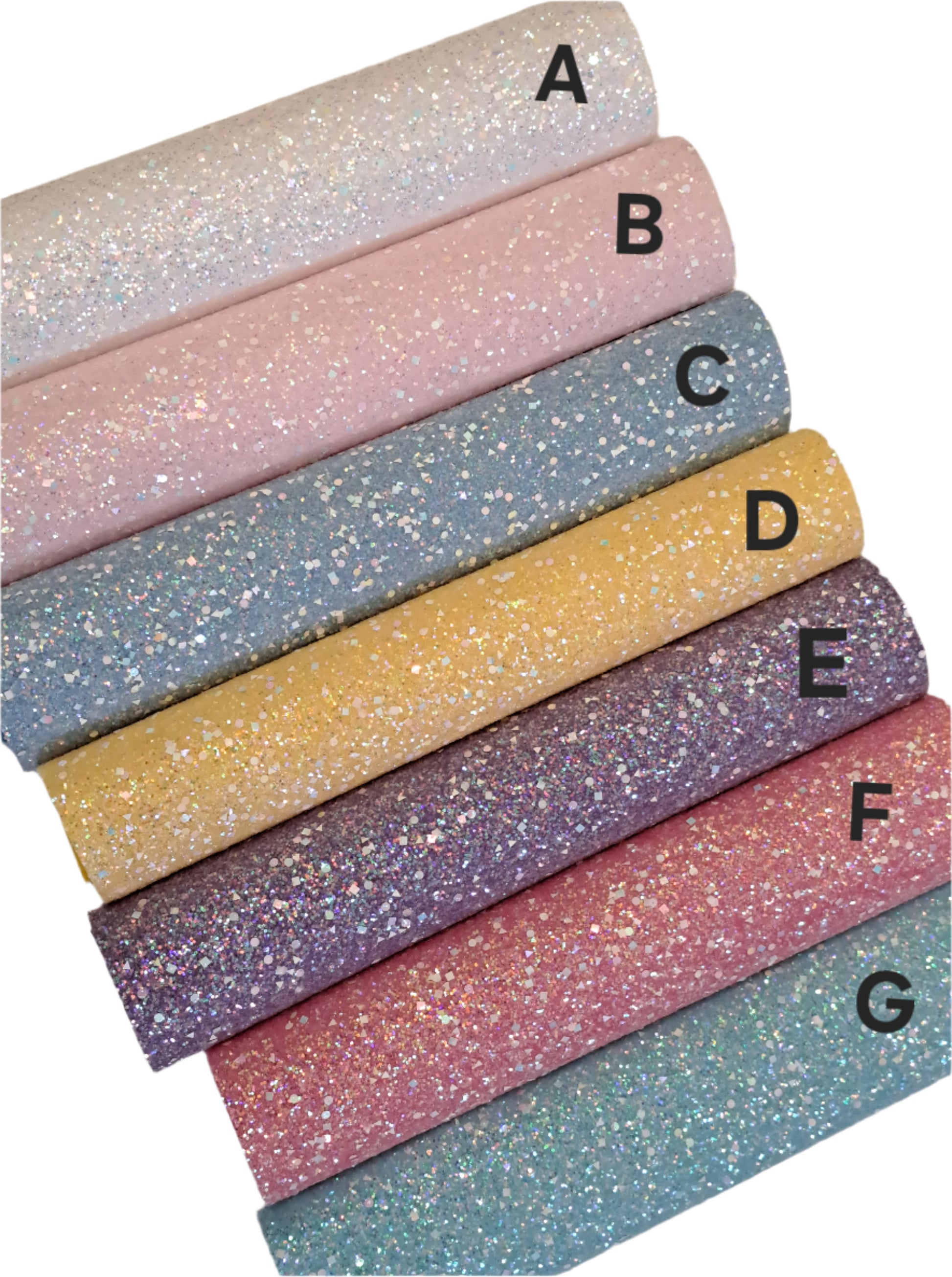 Glittery fabric in various colors on a white background