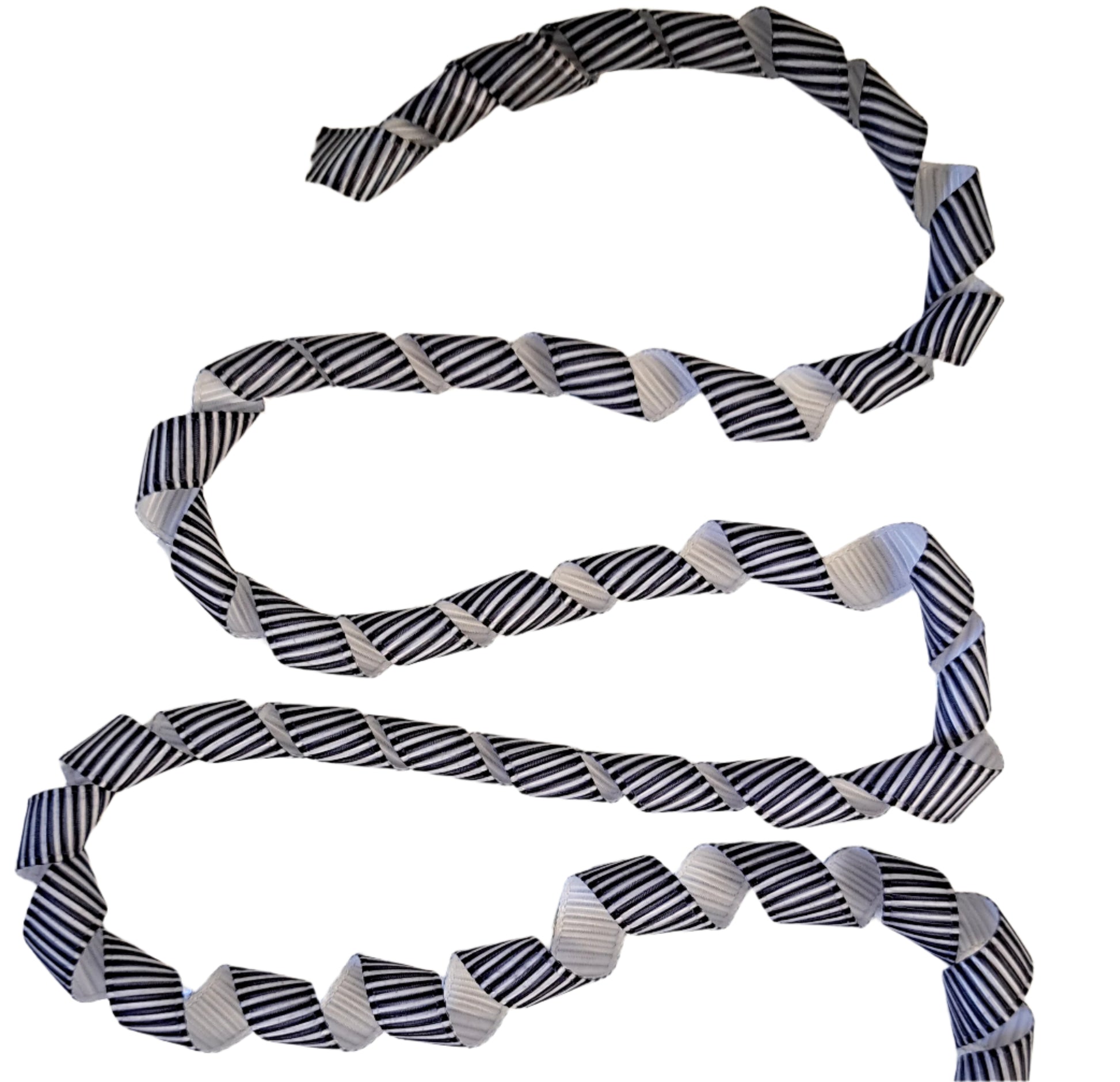 Black and white striped dog leash on a white background