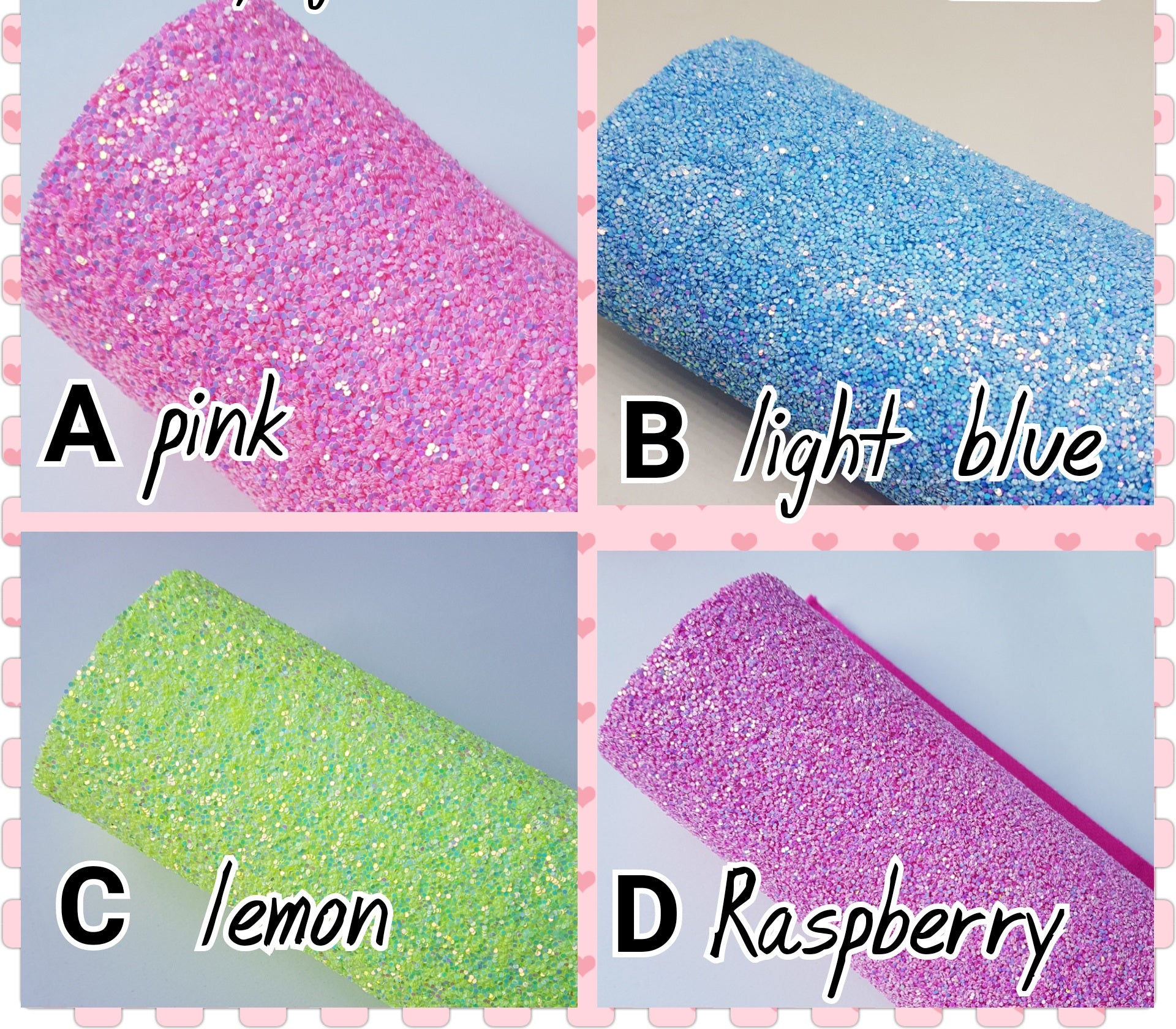 Four glittery fabric samples in pink, light blue, lemon, and raspberry colors with labels.