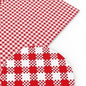 A sample of red gingham leatherette on a white background