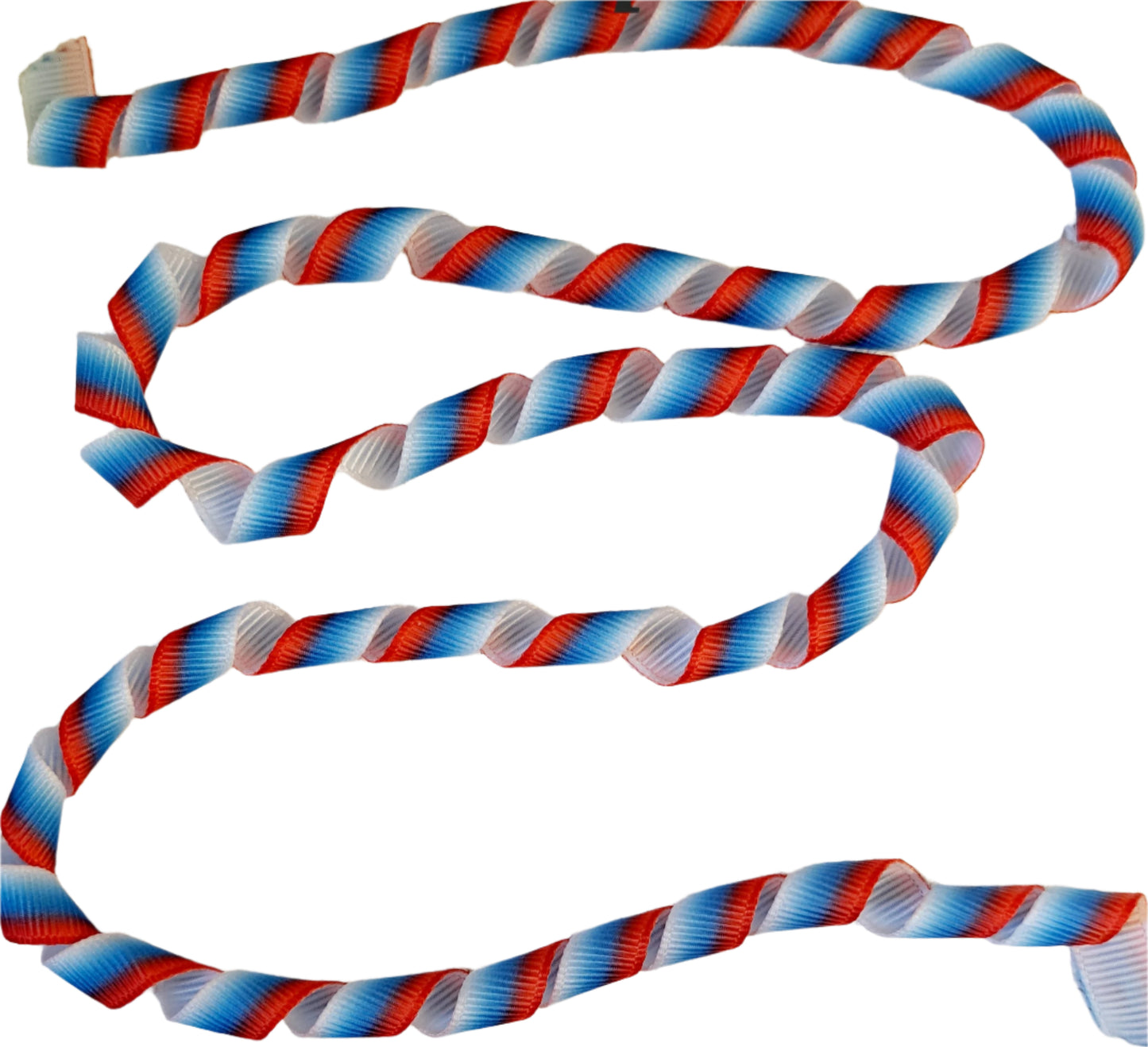 Red, white, and blue striped ribbon on a white background