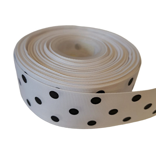 Roll of white ribbon with black polka dots 38mm grosgrain