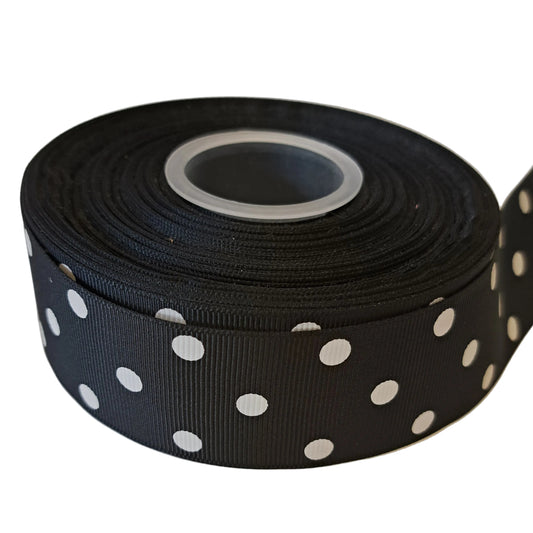 Roll of black ribbon with white polka dots 38mm grosgrain 