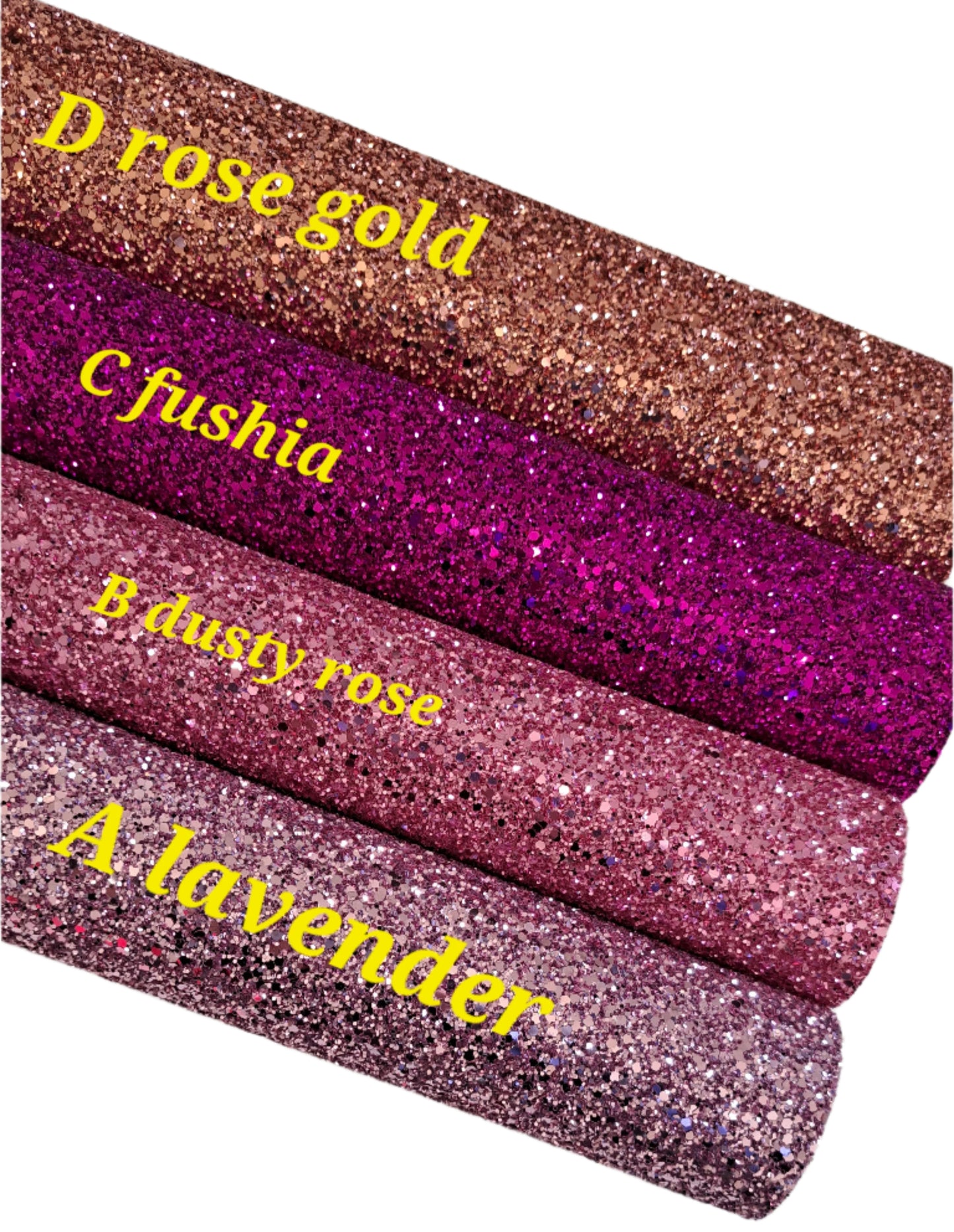 chunky glitter in rose gold, fushia, dusty rose and lavender colours on a white background
