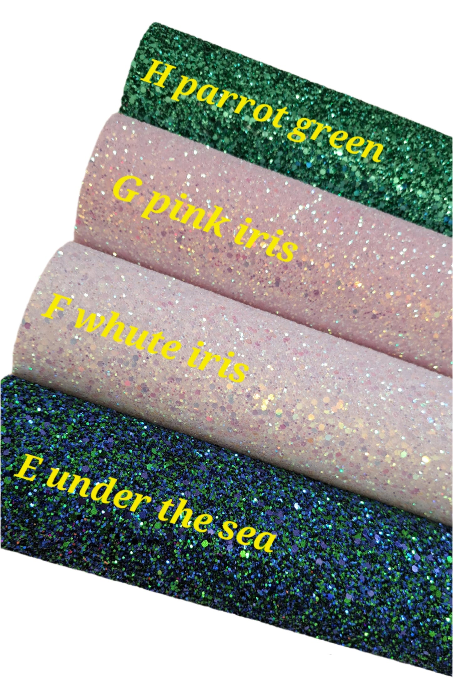 chunky glitter in parrot green, pink iris, white iris and under the sea colours on a white background