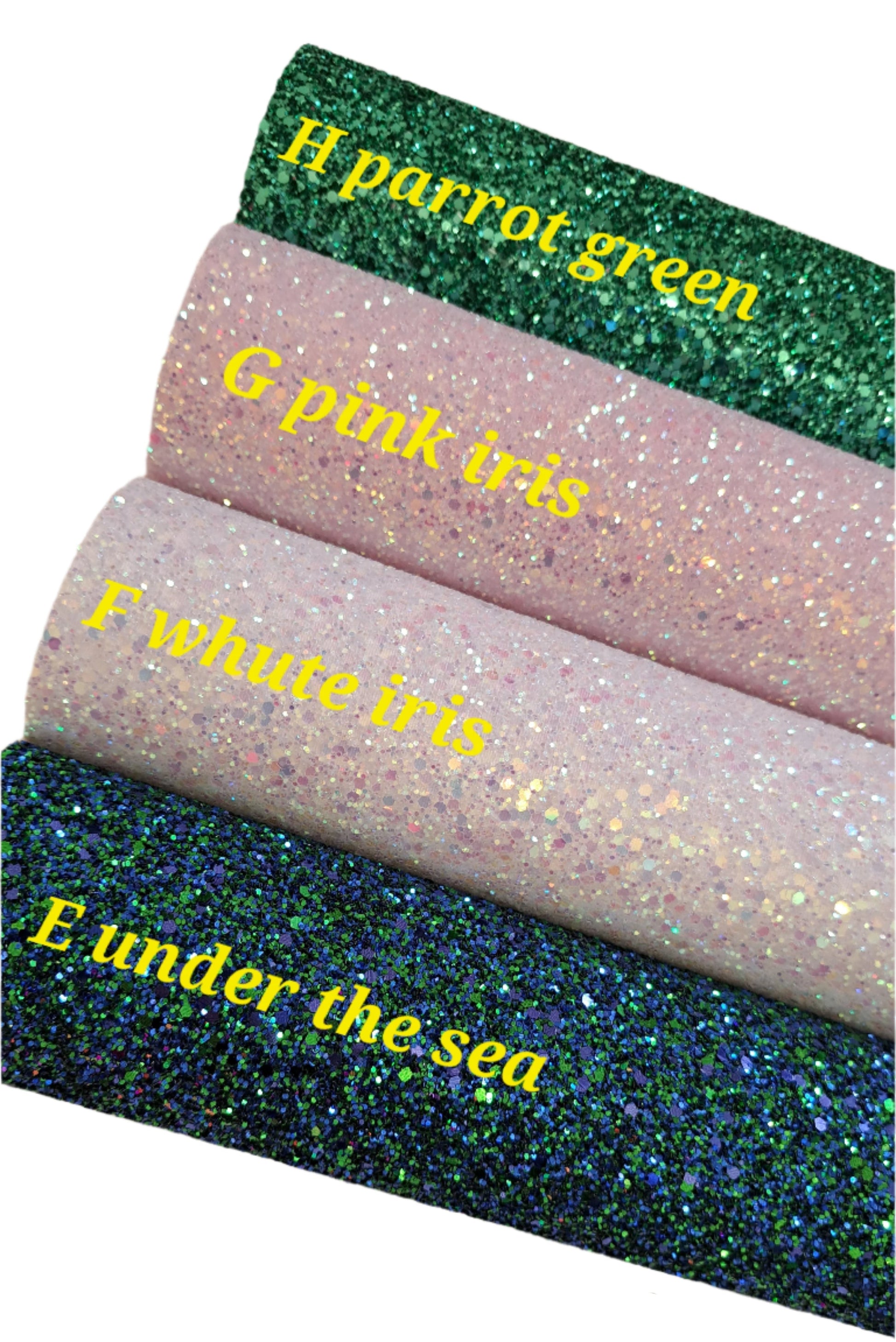 chunky glitter in parrot green, pink iris, white iris and under the sea colours on a white background