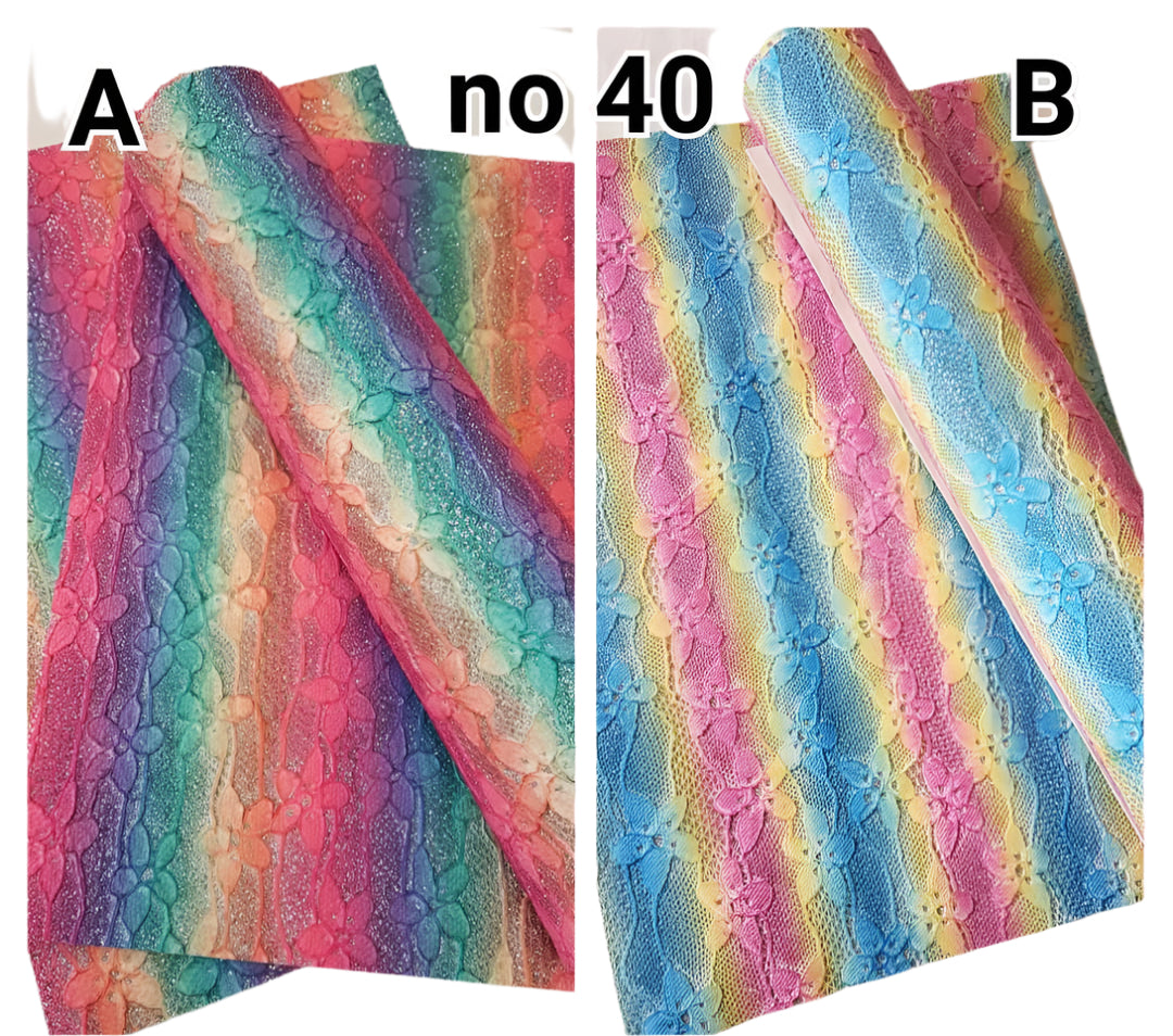 two pieces of colorful textured fabric labeled A and B