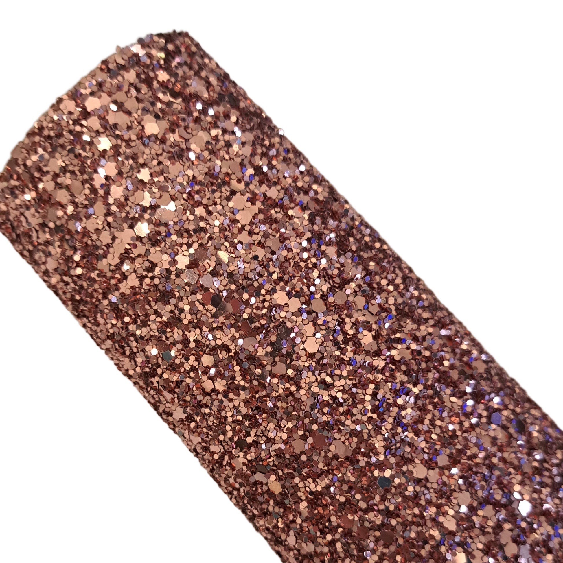 chunky glitter rose gold coloured roll on a white background