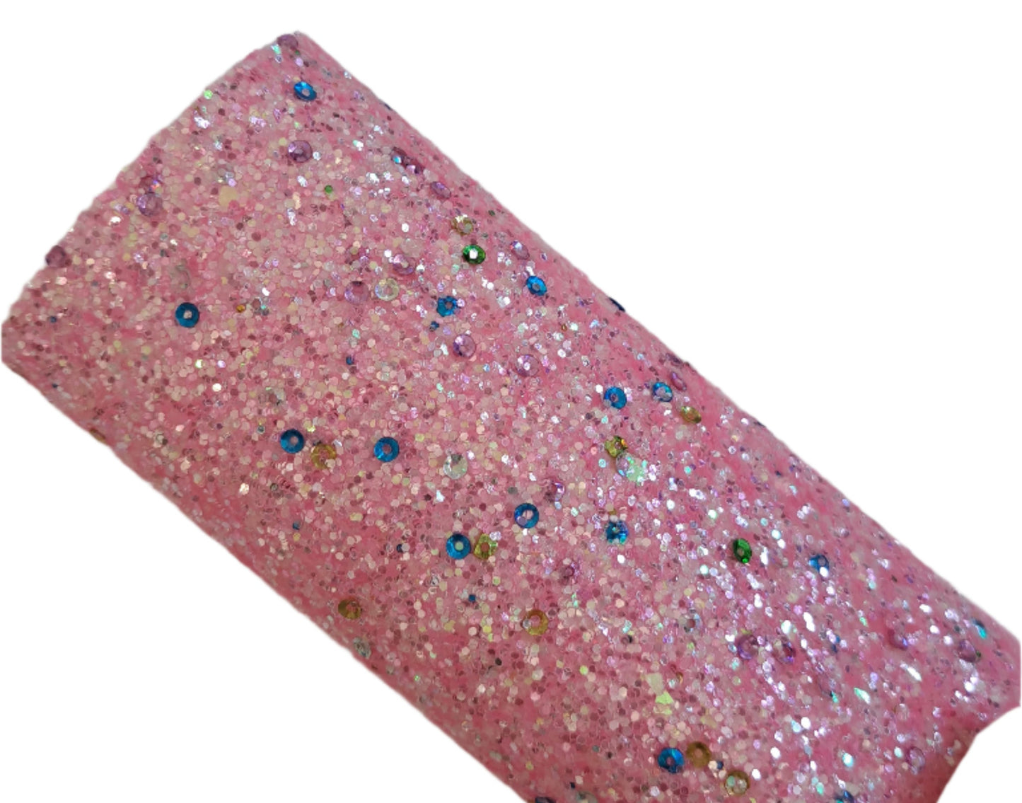 chunky glitter sequins pink coloured roll on a white background