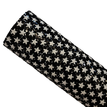 chunky glitter white stars on black coloured roll on a white background