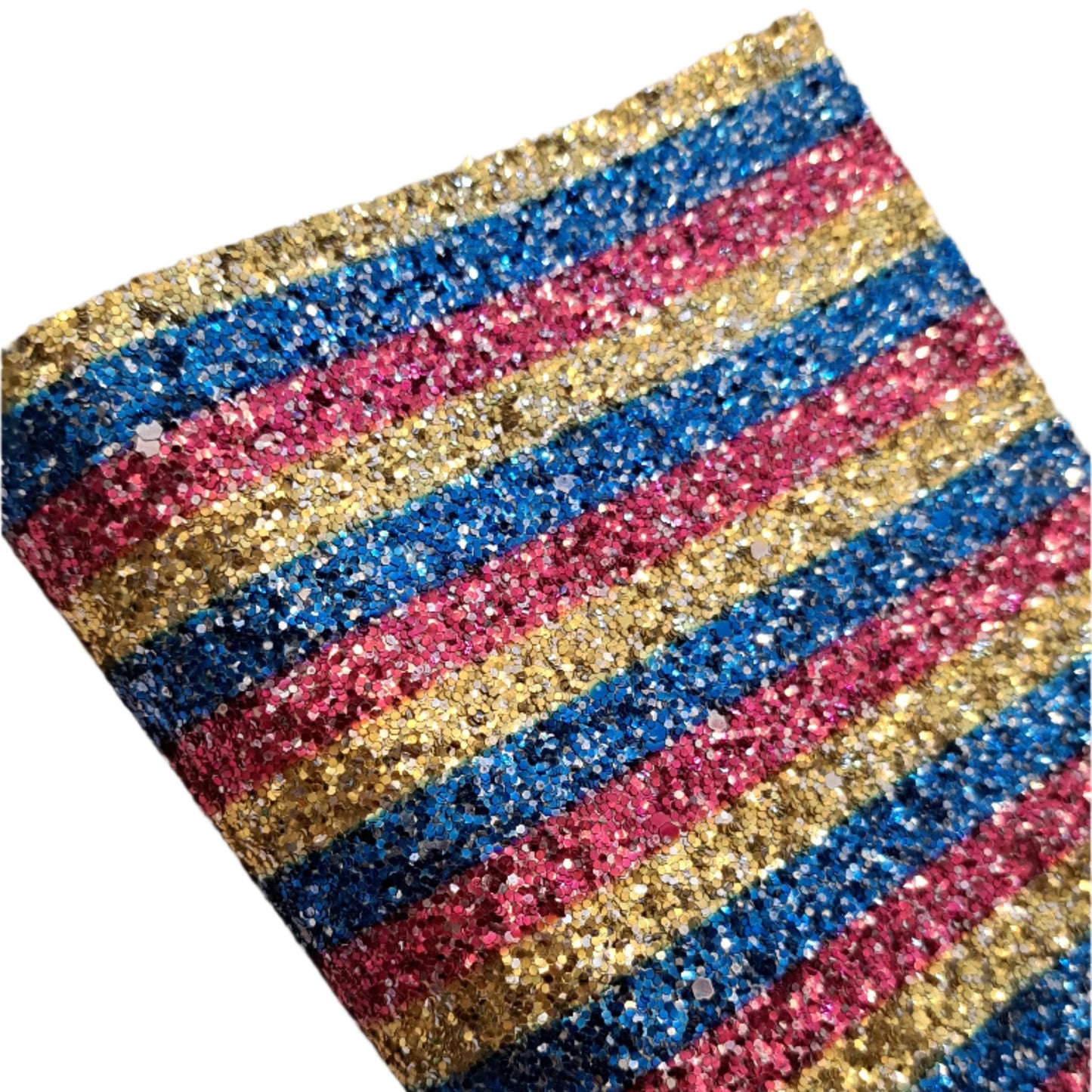 chunky glitter stripes gold, blue and red coloured roll on a white background