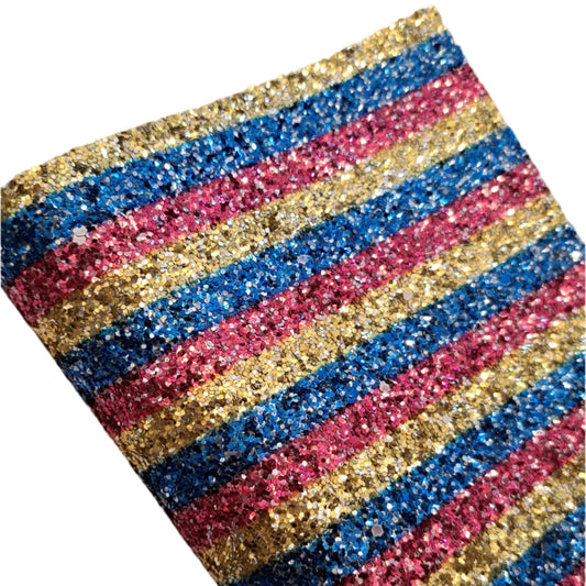 chunky glitter stripes gold, blue and red coloured roll on a white background