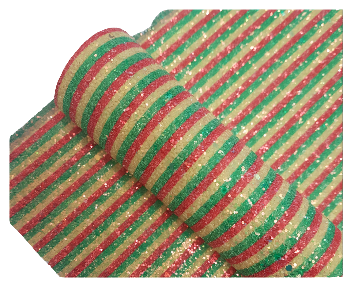 chunky glitter green, yellow and gold stripes coloured roll on a white background