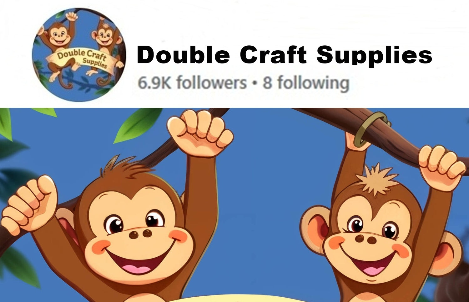 Facebook profile of Double Craft Supplies with cartoon monkeys on a branch.