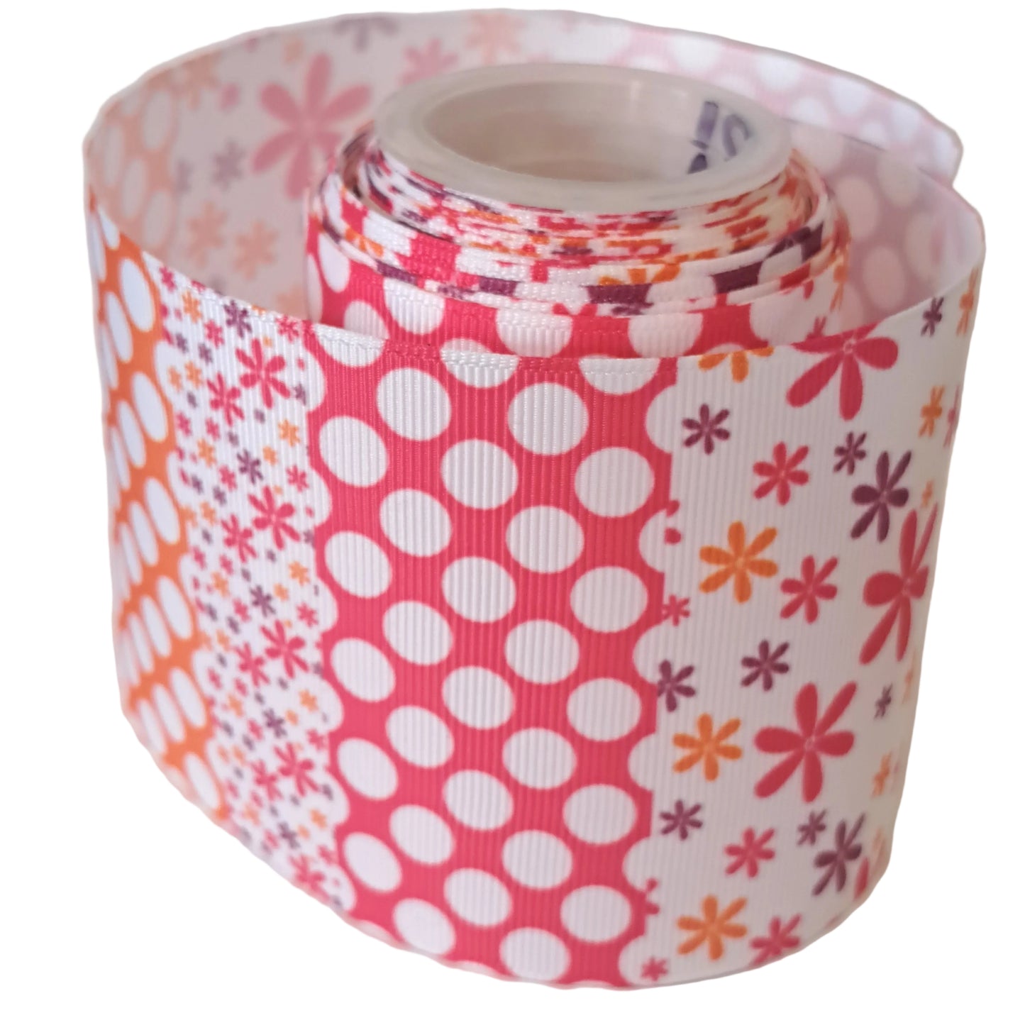 Flower and spots 75mm 3 inch grosgrain ribbon 