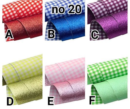 gingham checked and glitter double sided fabric in red, blue, purple, yellow, pink, green and white colours on a white background