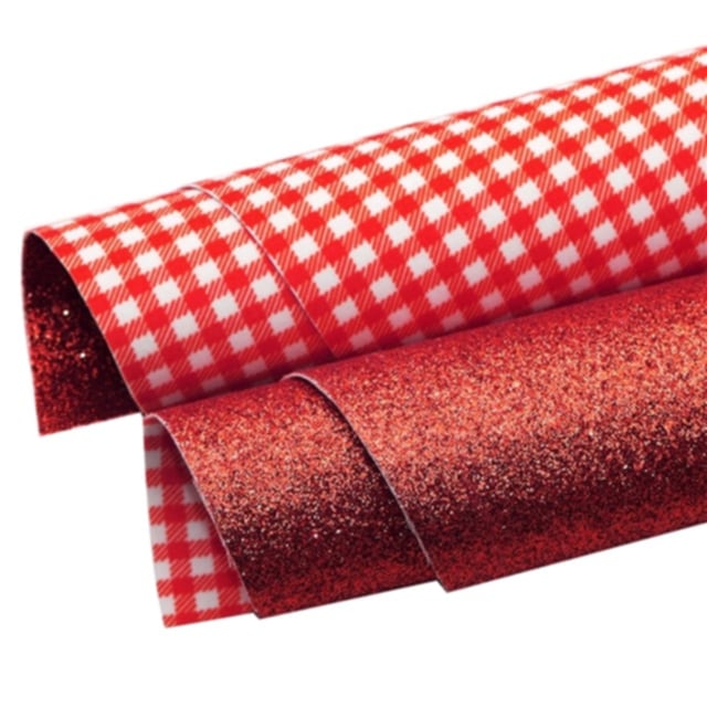 gingham checked and glitter double sided fabric in red and white colours on a white background