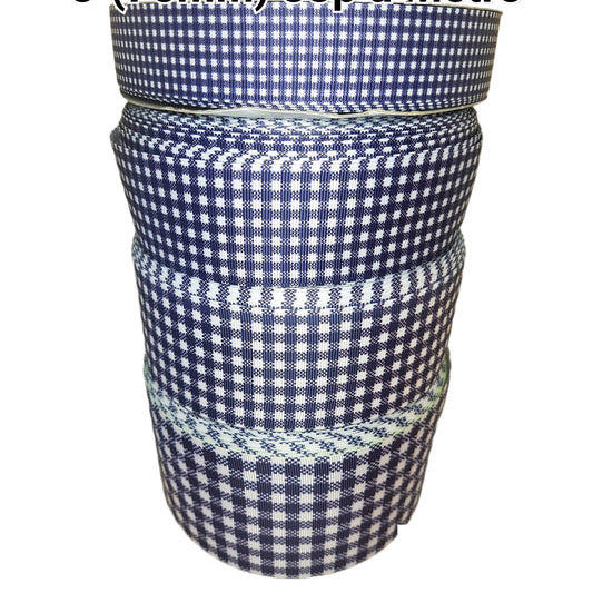 gingham ribbon in navy blue checked design on a white background