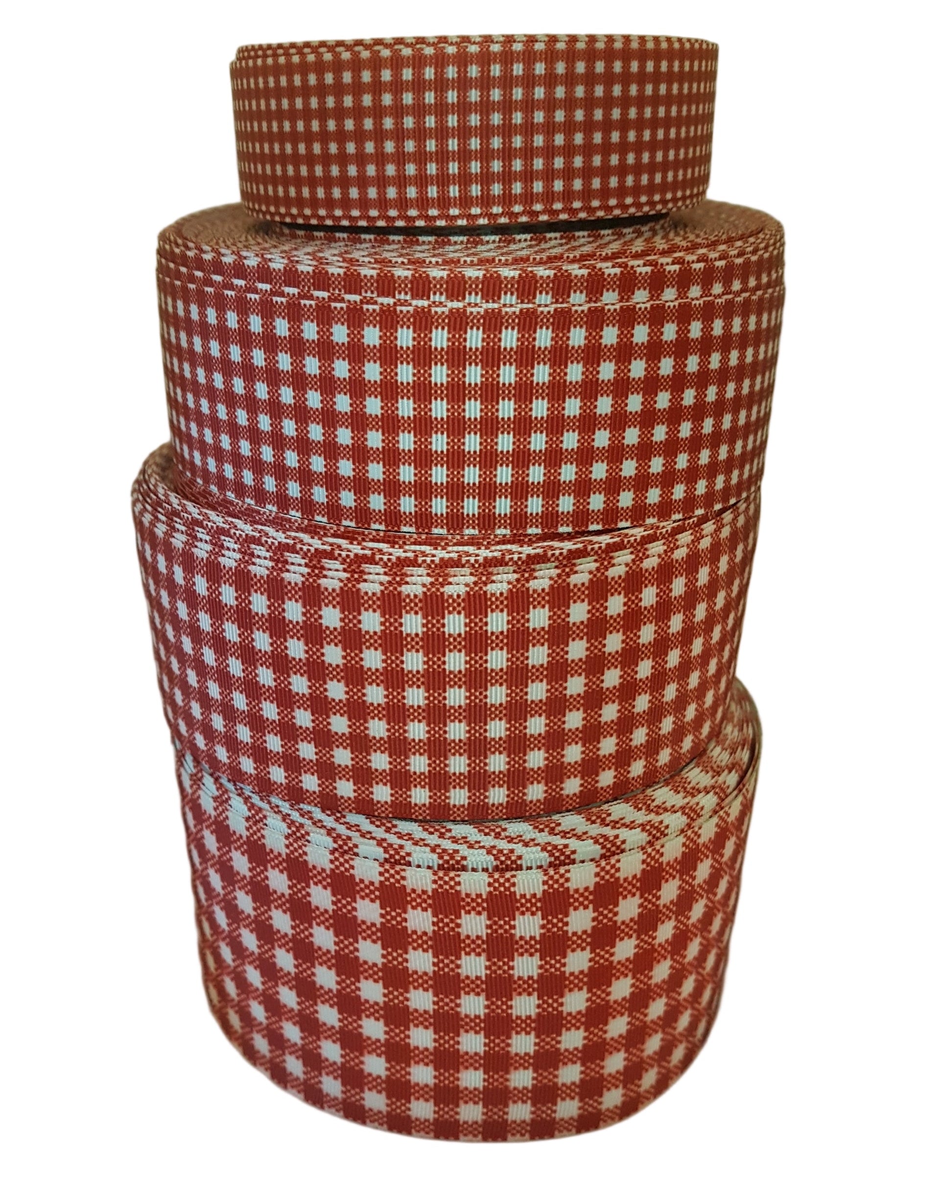 gingham ribbon in red checked design on a white background