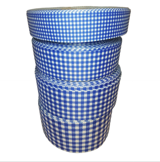 gingham ribbon in royal blue checked design on a white background