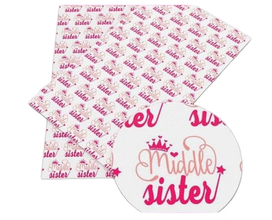 Leatherette 'middle sister' text and crown design on a white background