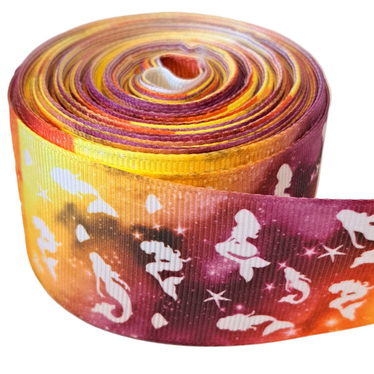 Mermaids on dark background 38mm grosgrain ribbon
