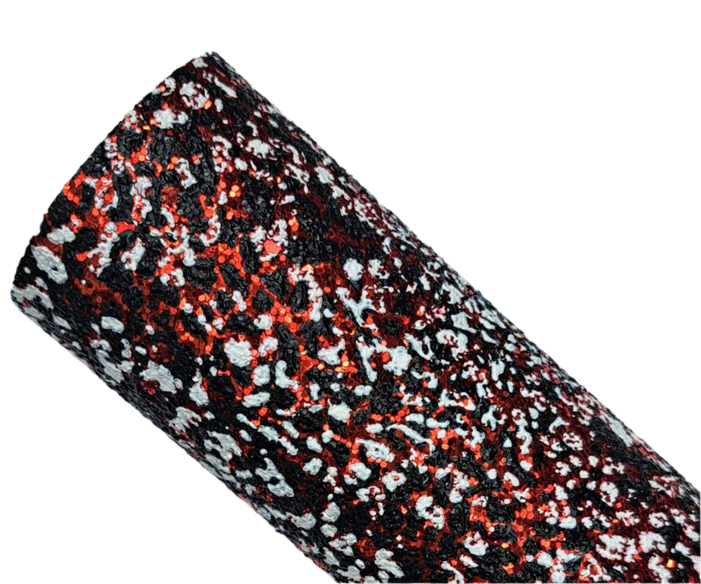 Roll of fabric with a red, black, and white pattern on a textured gray background