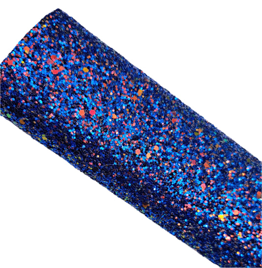 Roll of blue glitter fabric with multicolor specks on a white background