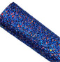 Roll of blue glitter fabric with multicolor specks on a white background
