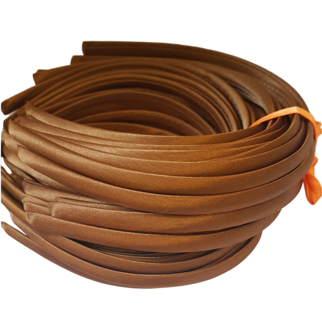 satin headbands in a golden brown colour on a white background