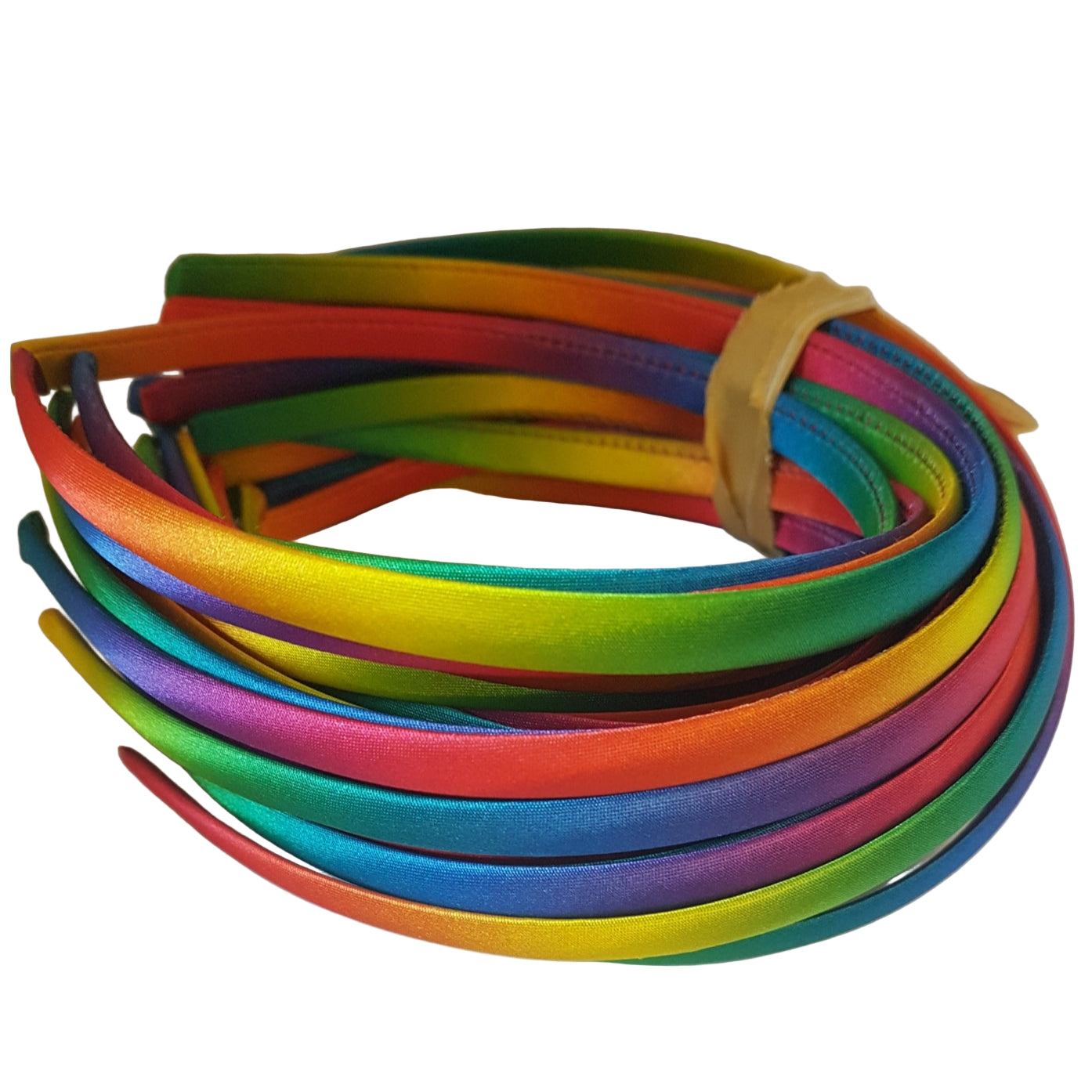 satin headbands in rainbow colours on a white background