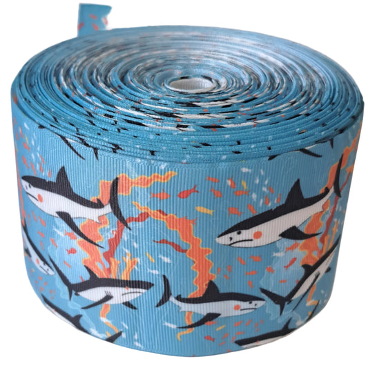 Sharks on blue grosgrain ribbon 75mm 3 inch 