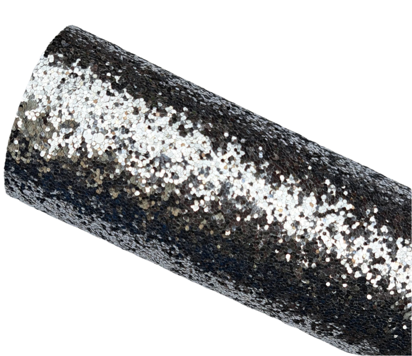 Roll of black glittery fabric on a gray background