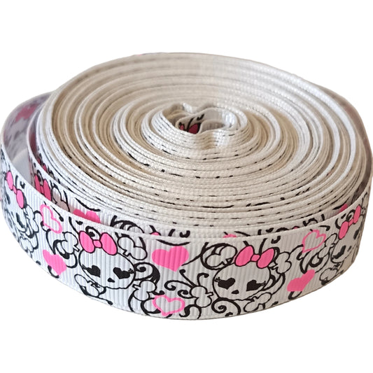 Skulls with pink hearts and bow 25mm ribbon
