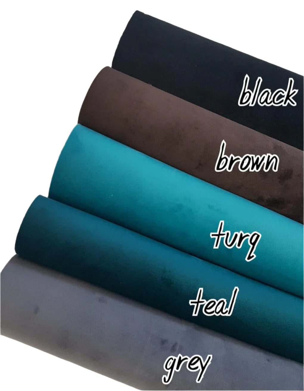 four rolls of fabric in black, brown, teal, and gray on a white background