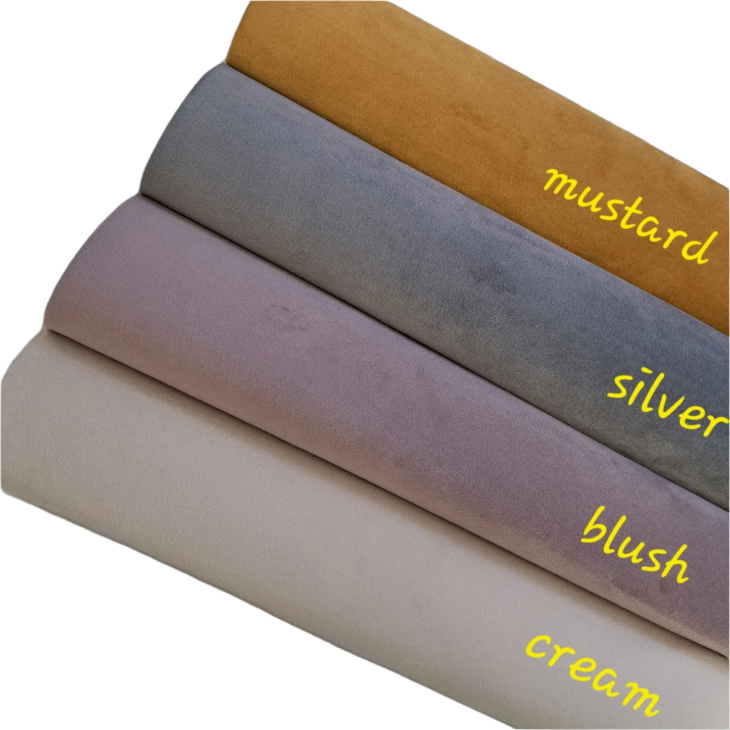 four rolls of coloured suede fabric on a white background