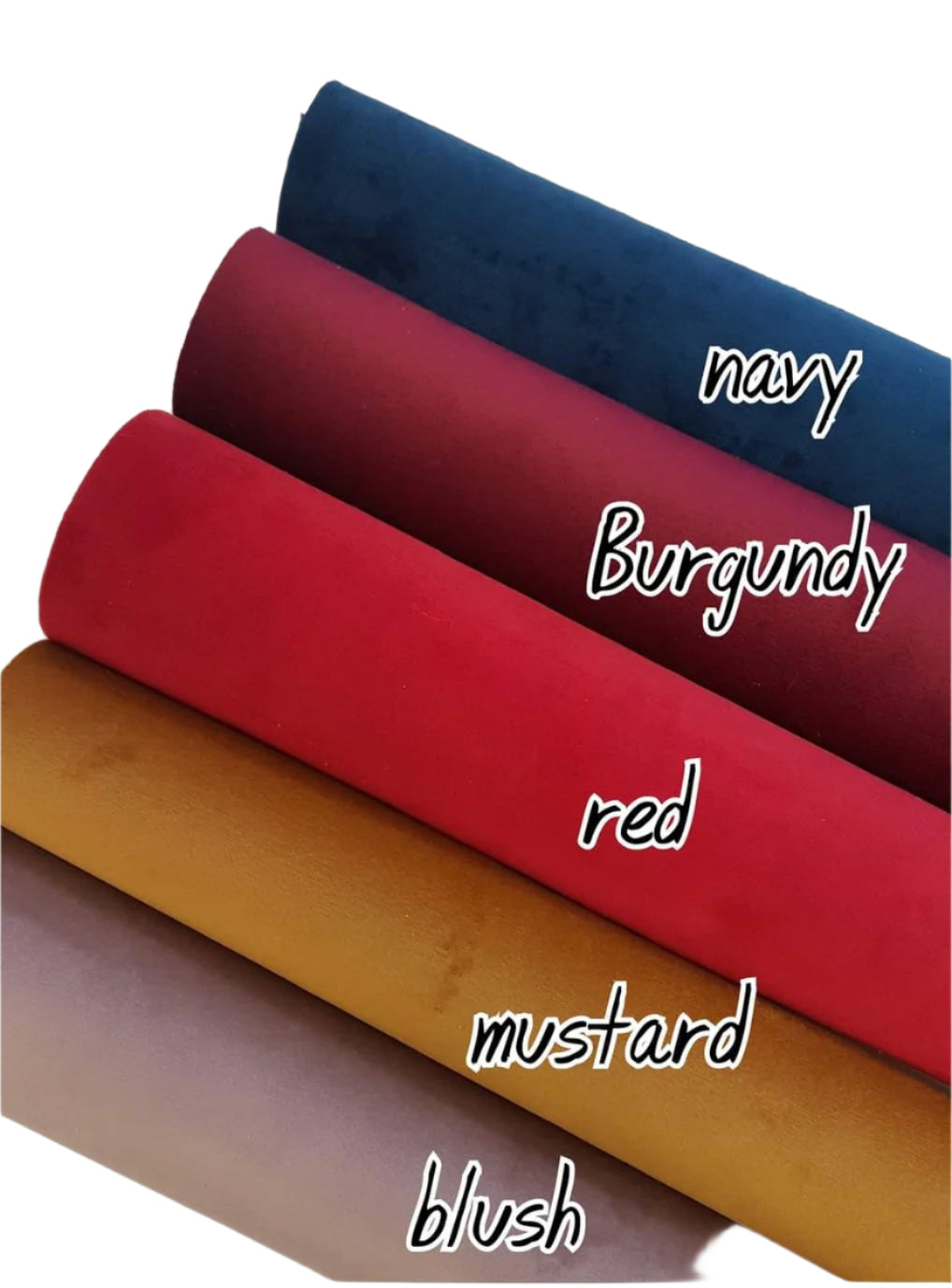 five rolls of coloured suede fabric on a white background