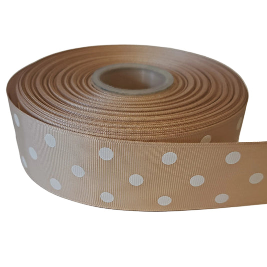 Tan grosgrain ribbon with white polka dots 38mm 