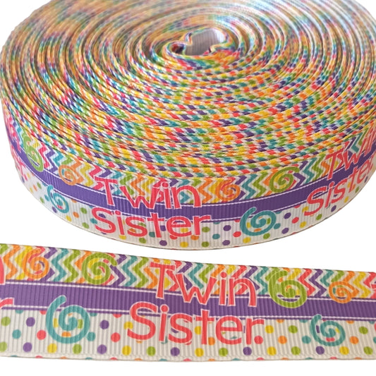 Twin sister 25mm ribbon. Multi colours, grosgrain