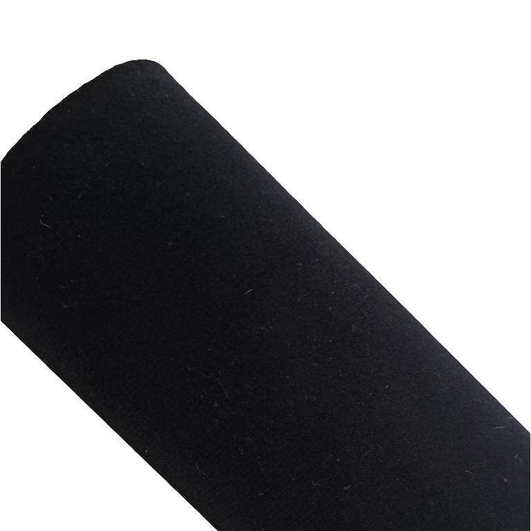 a roll of black coloured velvet fabric roll on a white background