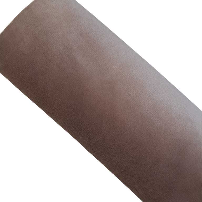 a roll of blush grey coloured velvet fabric roll on a white background