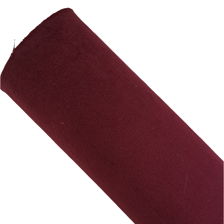 a roll of burgundy coloured velvet fabric roll on a white background