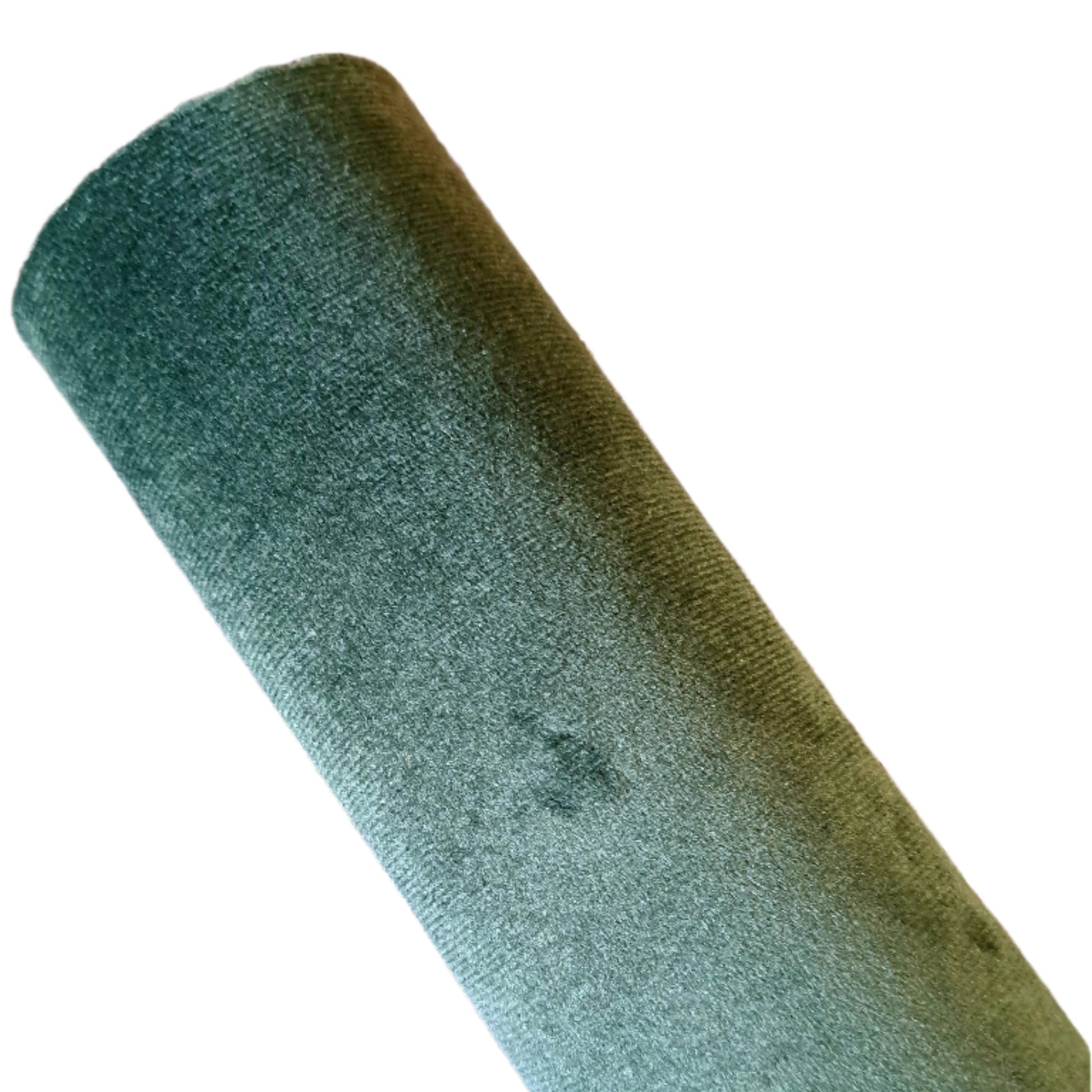 a roll of green forest coloured velvet fabric roll on a white background